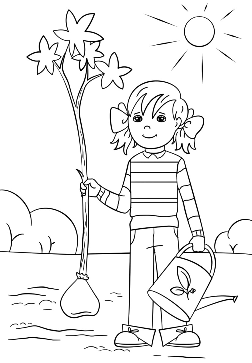 Online coloring book: A coloring page of a girl planting a tree for Earth Day